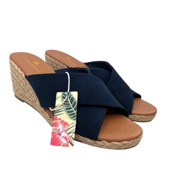TOMMY BAHAMA Wedge Espadrille Cloth Sandal in Navy Blue & Beige Women's Size 10 - Picture 3 of 10